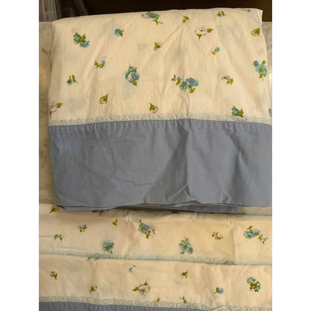 Vintage Sears Roebuck Blue Floral Full Flat Sheet 2 Pillowcases Cotton Muslin